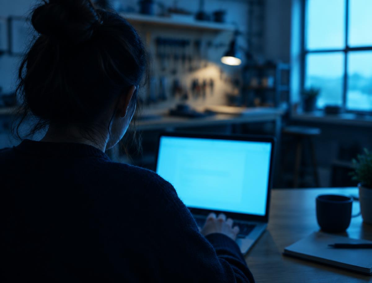 A person seen from behind working on a laptop in a quiet workshop room