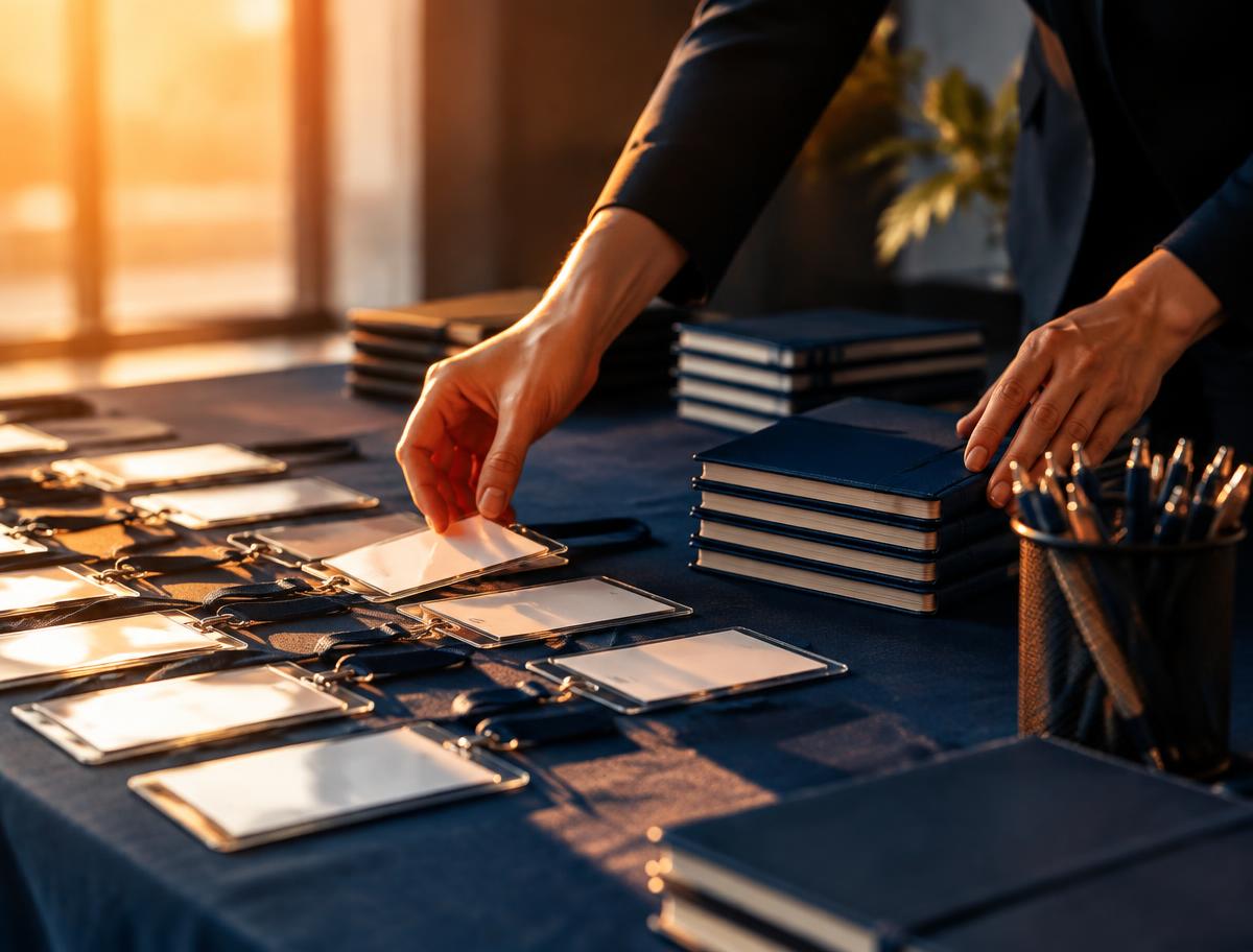 Hands laying out blank name badges and notebooks on a registration table