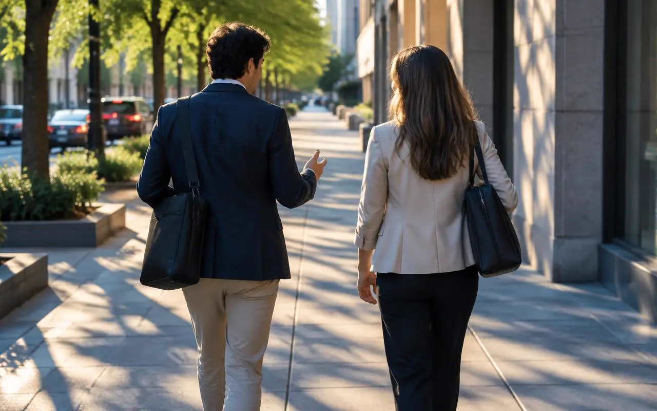 Two people walking and talking on a sunny sidewalk with laptop bags