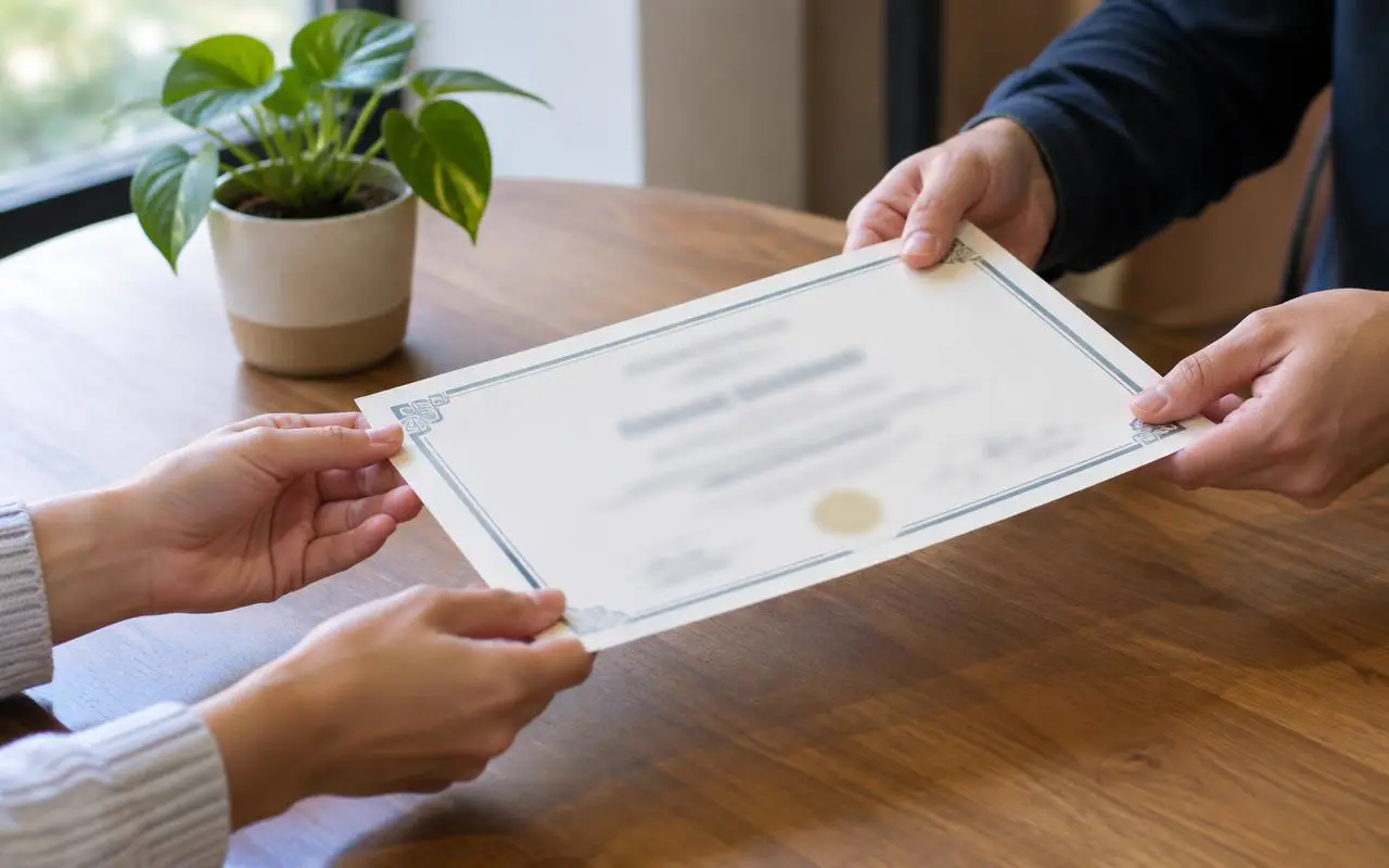 Hands passing a printed certificate across a table near a plant