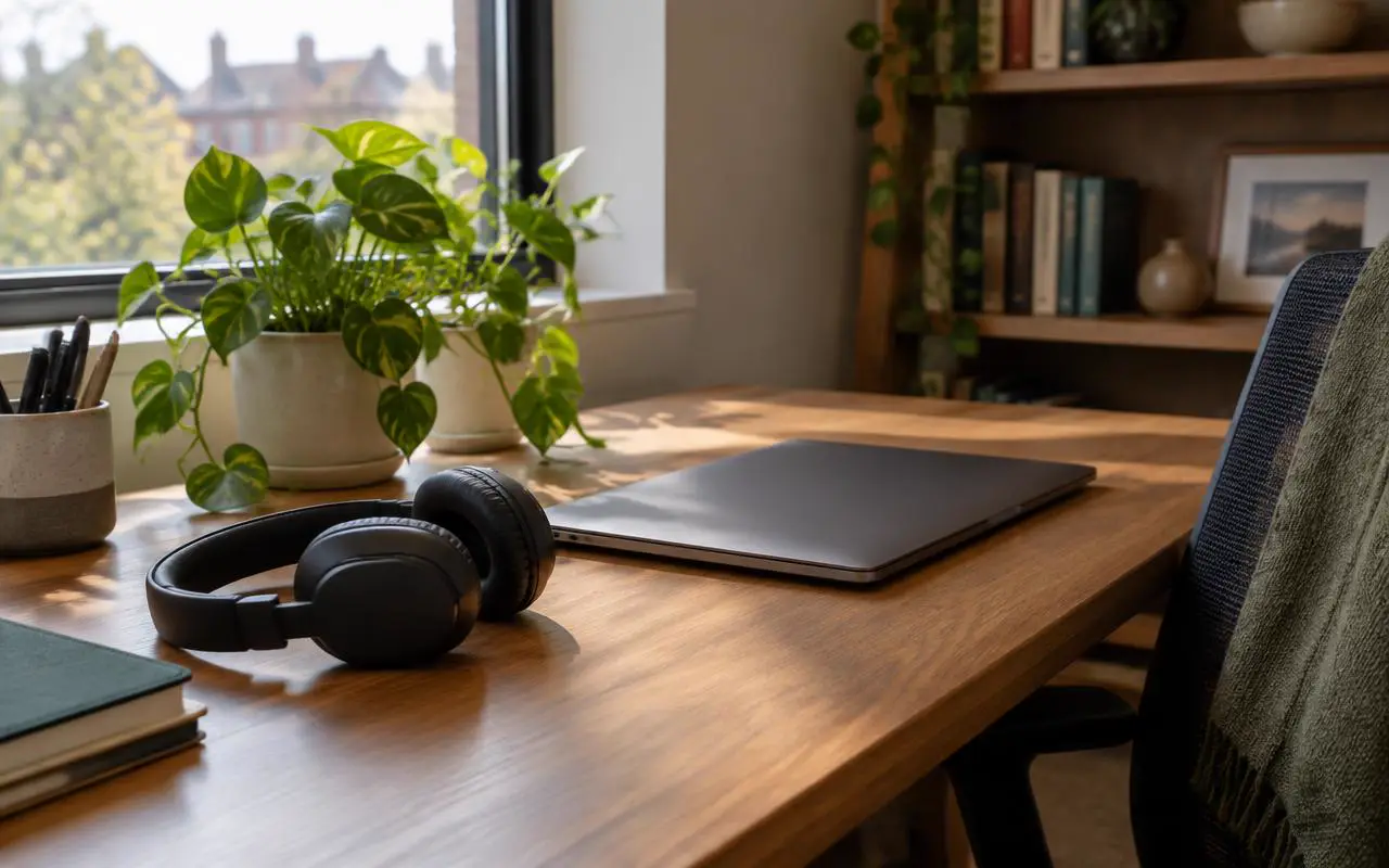 A home office corner with a headset, a plant, and afternoon light
