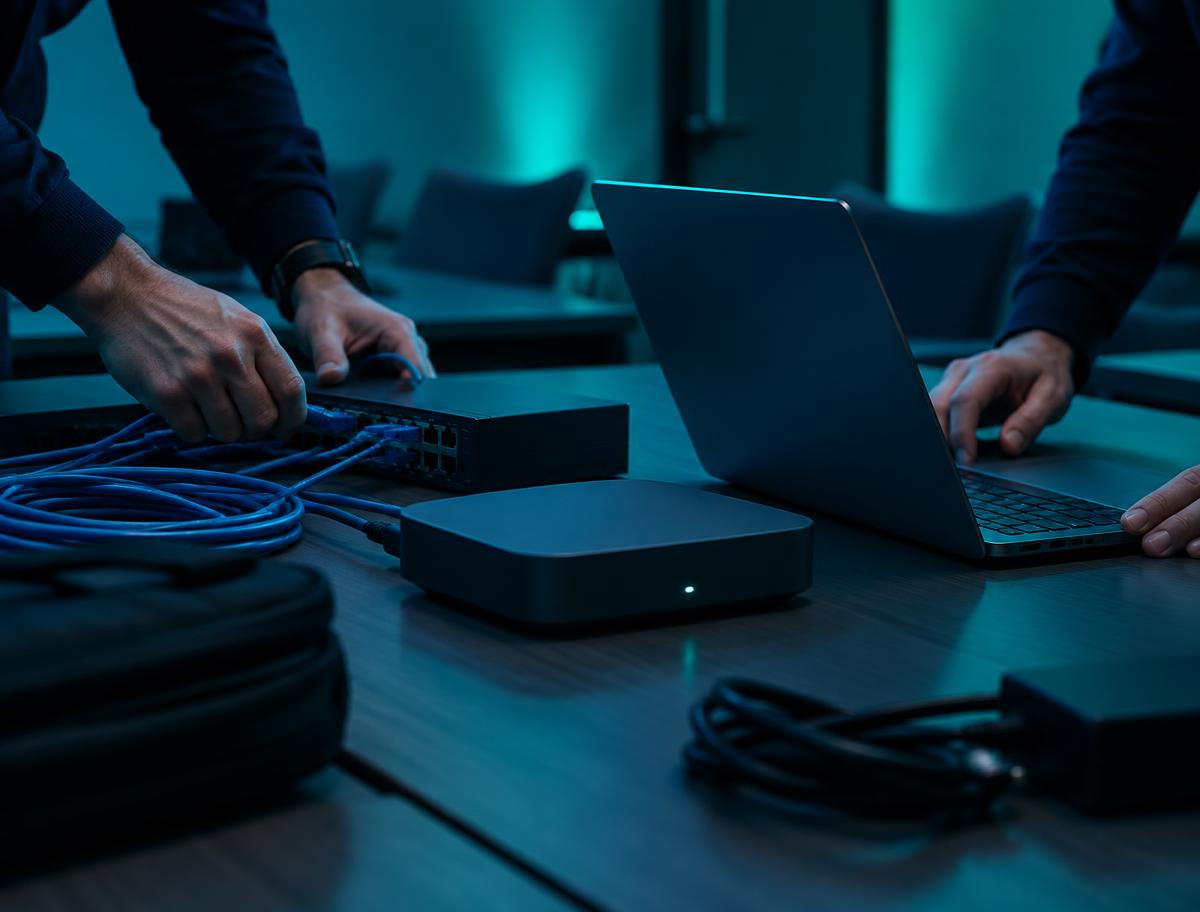 Hands connecting network equipment next to a laptop on a table