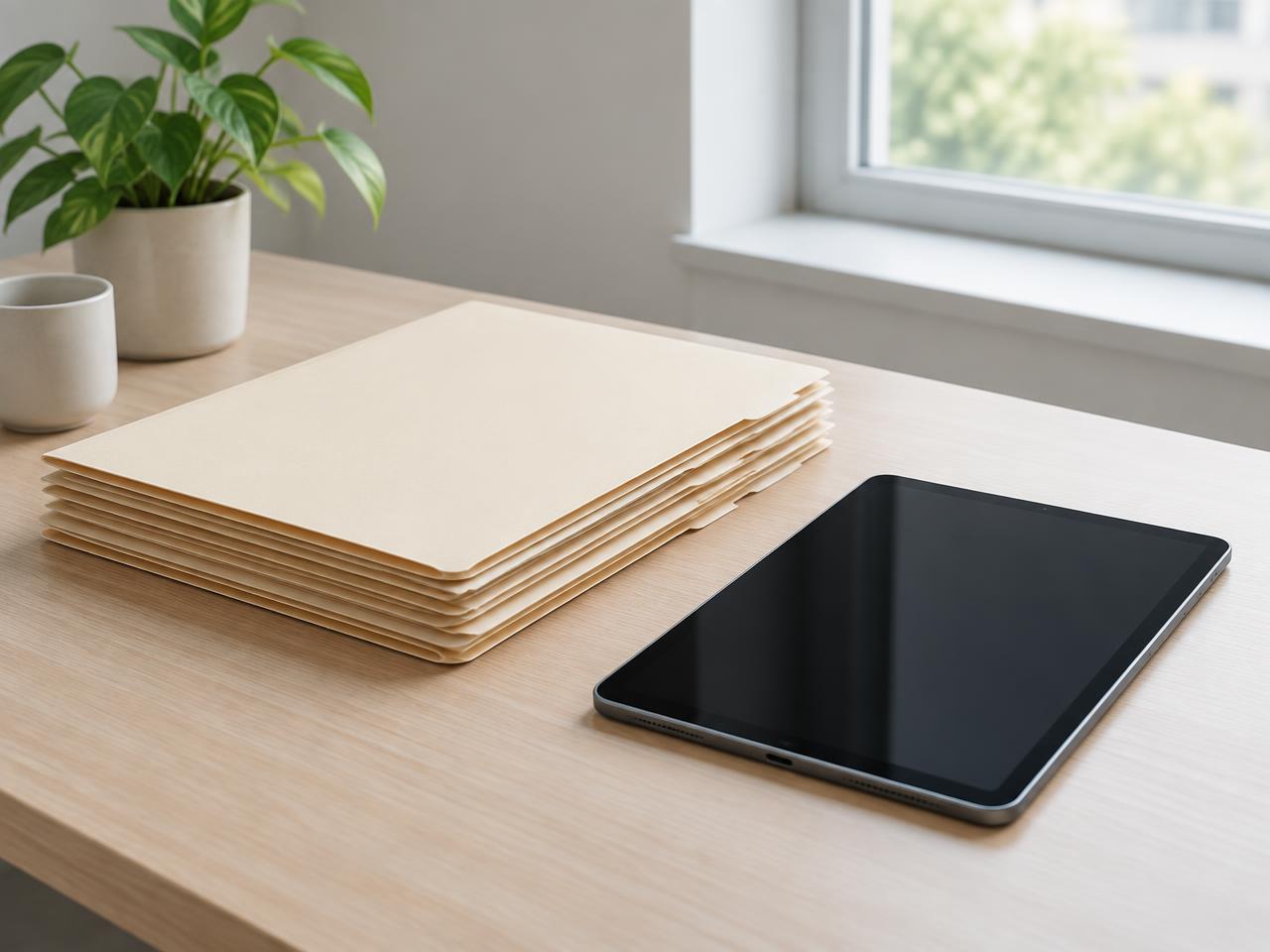 A neat stack of folders and a tablet on a desk