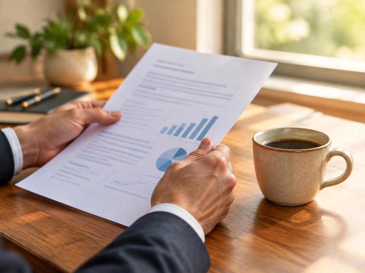 A business owner reading a printed report beside a cup of coffee