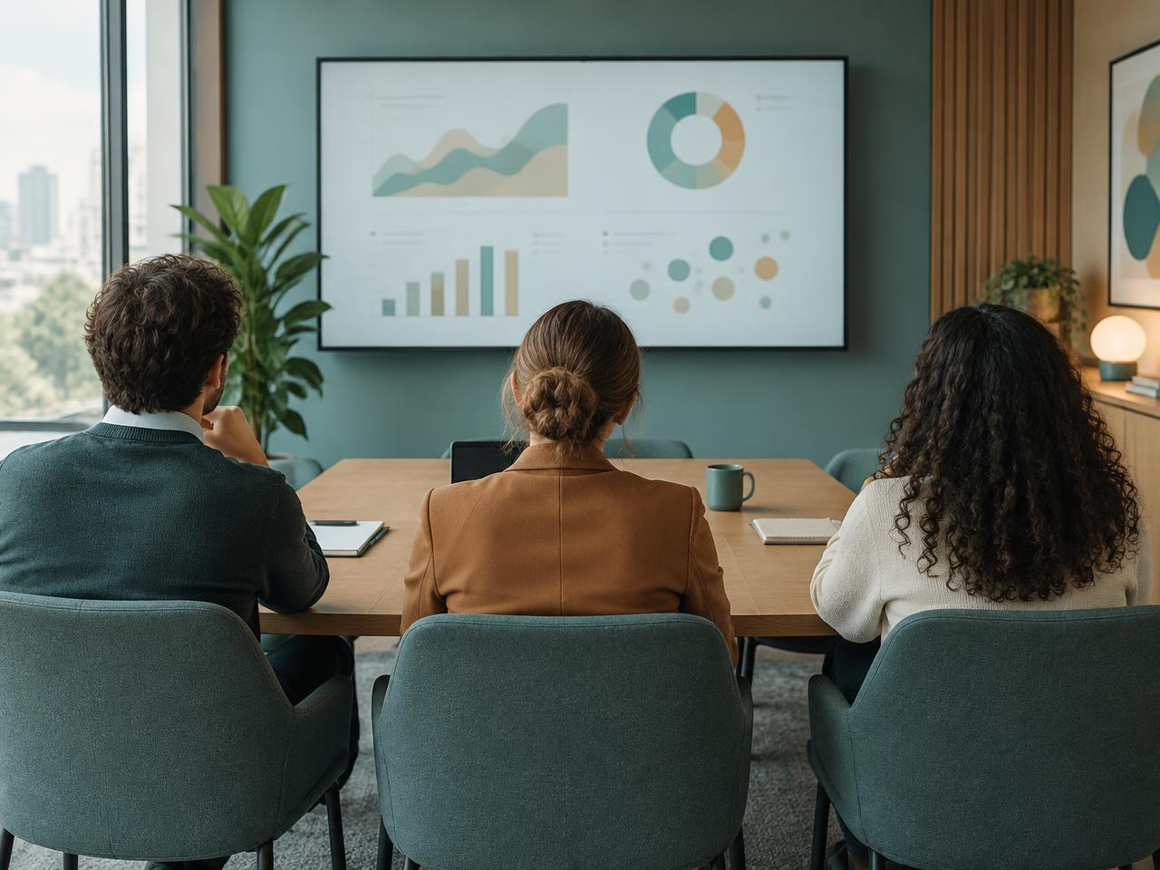 Three people in a small conference room reviewing charts on a wall screen