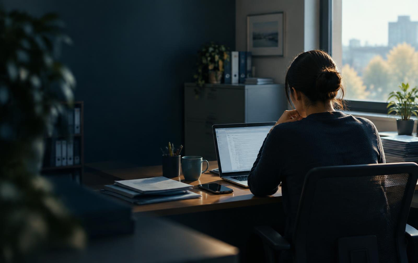 An IT specialist reviewing security settings on a laptop in a small office