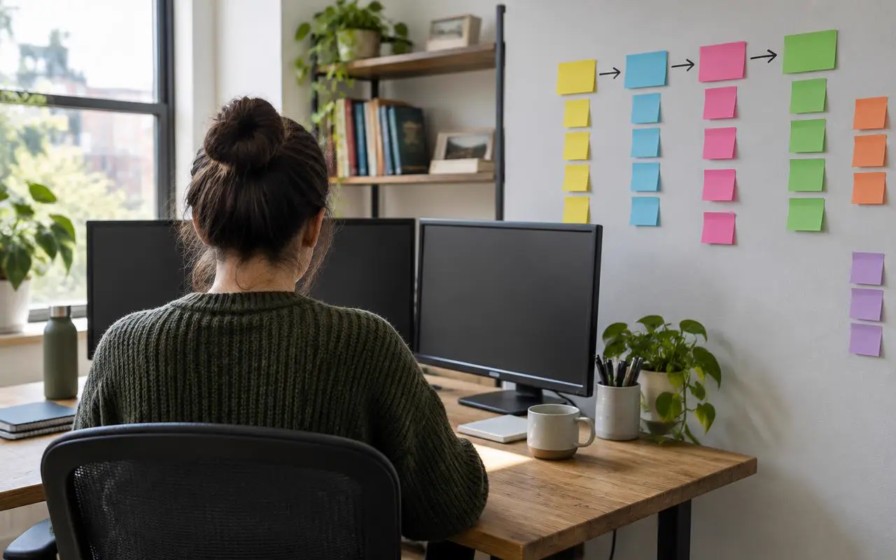 A person at a desk with two monitors beside a wall of sticky notes