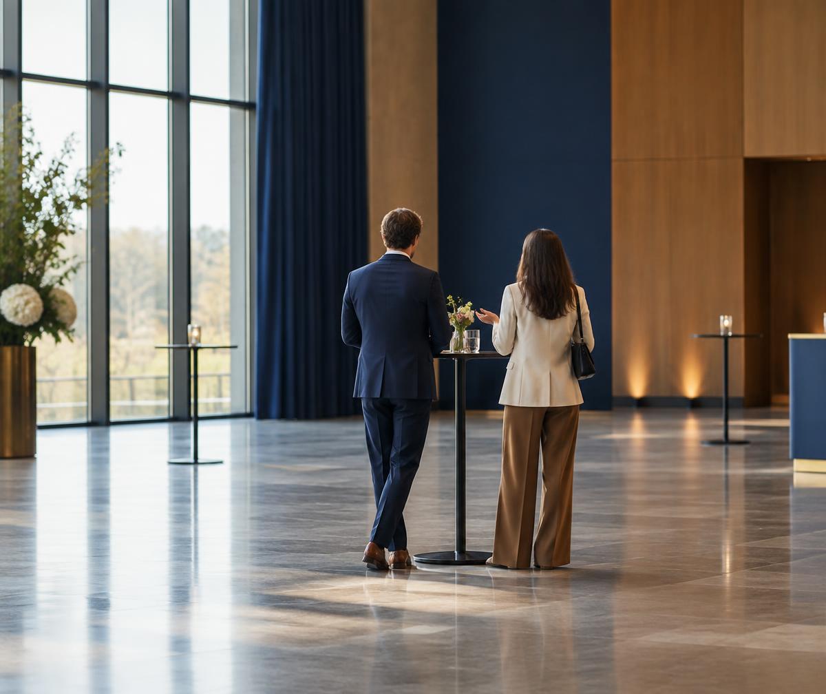 Two people seen from behind talking at a standing table in a bright, empty event foyer