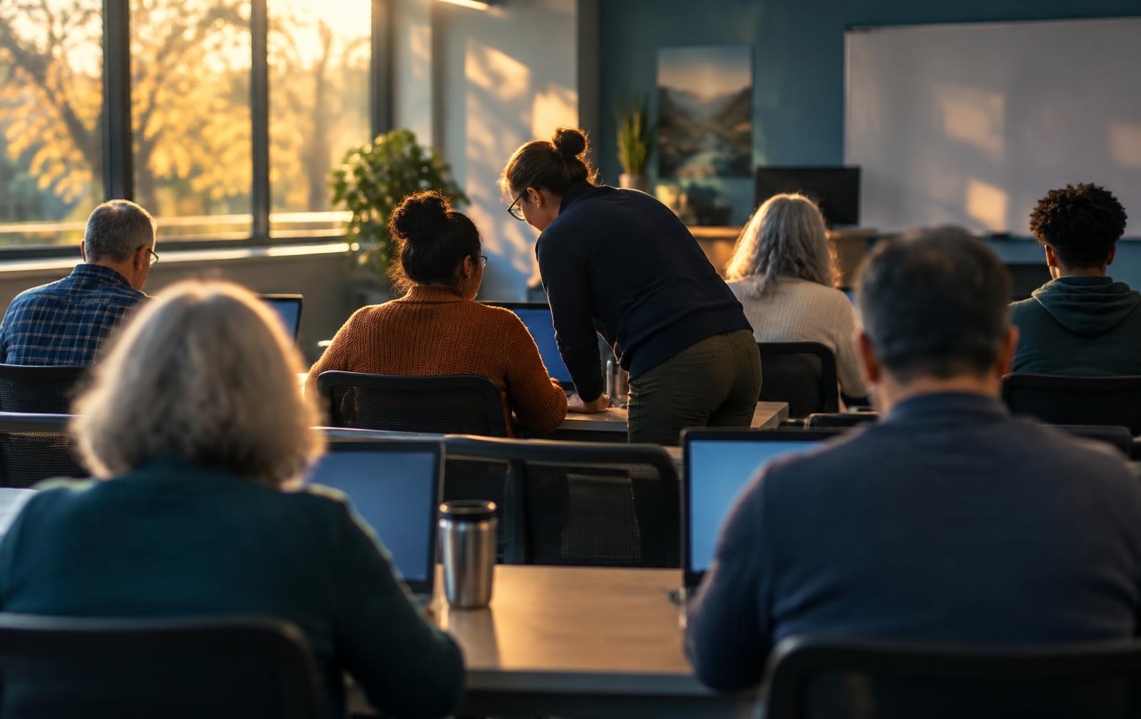 A security professional walking a colleague through a task at a workstation